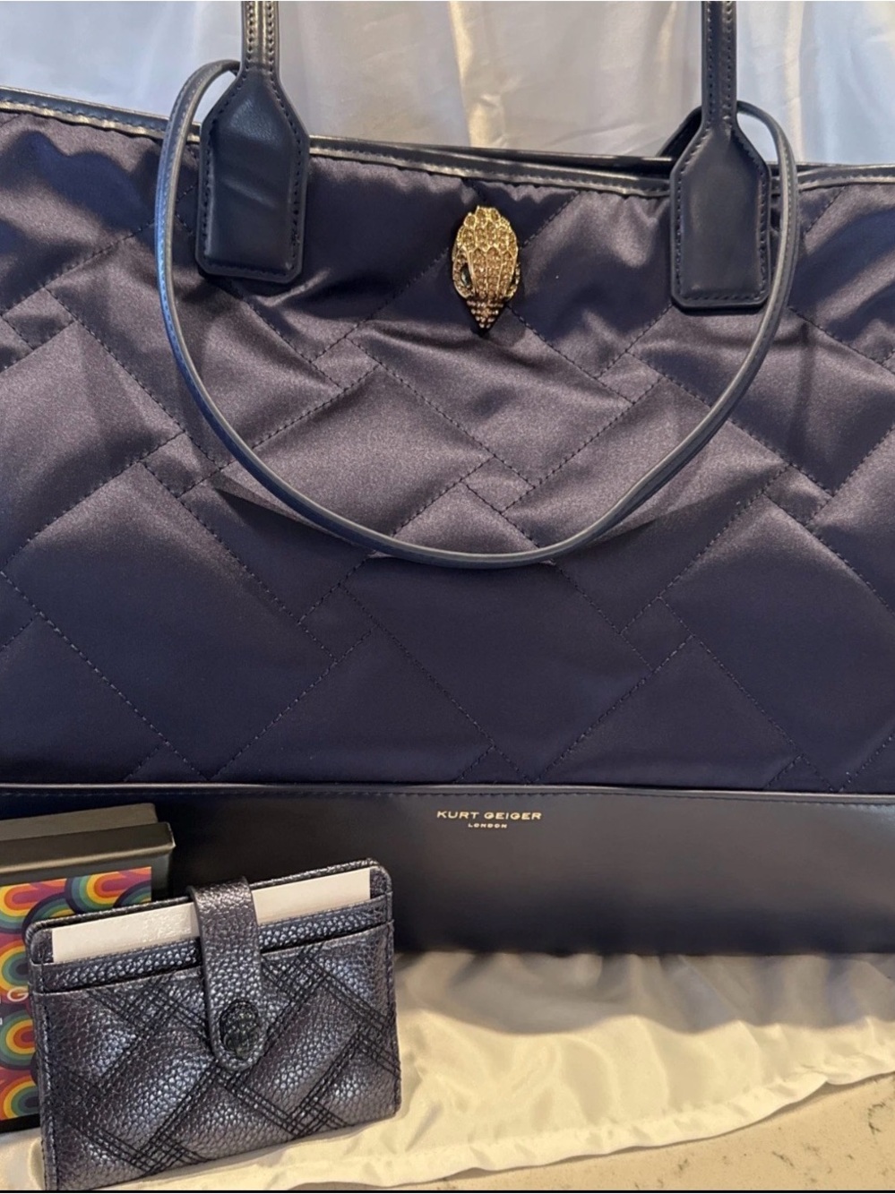Kurt Geiger Quilted Navy Tote with Gold Bee Accent